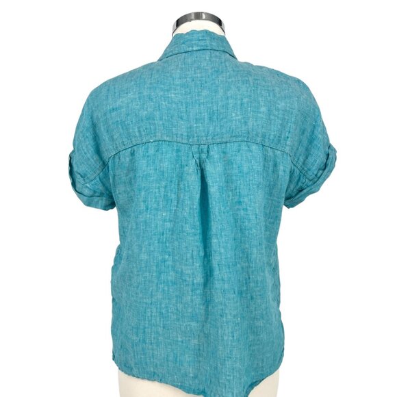 Tahari Turquoise 100% Linen Button-Up Short-Sleeve Shirt Blue Size Small - Picture 6 of 9